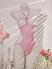 Seductive Lace Mesh Bodysuit with Open Crotch and Lace-Up Design for Lingerie