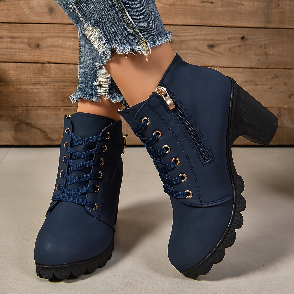 Women's Faux Cover Ankle Boots with Lace-Up, Side Zipper, Chunky Heel