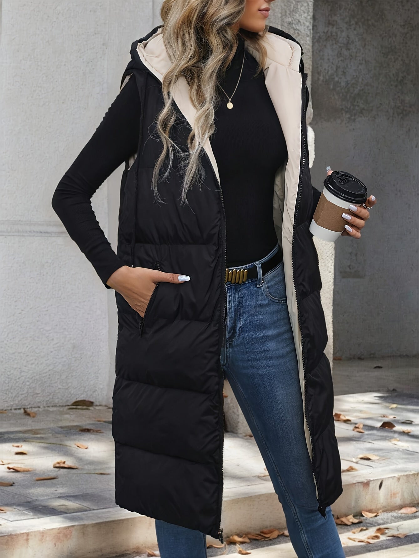 Plus Size Hooded Long Vest with Pockets Polyester All-Season