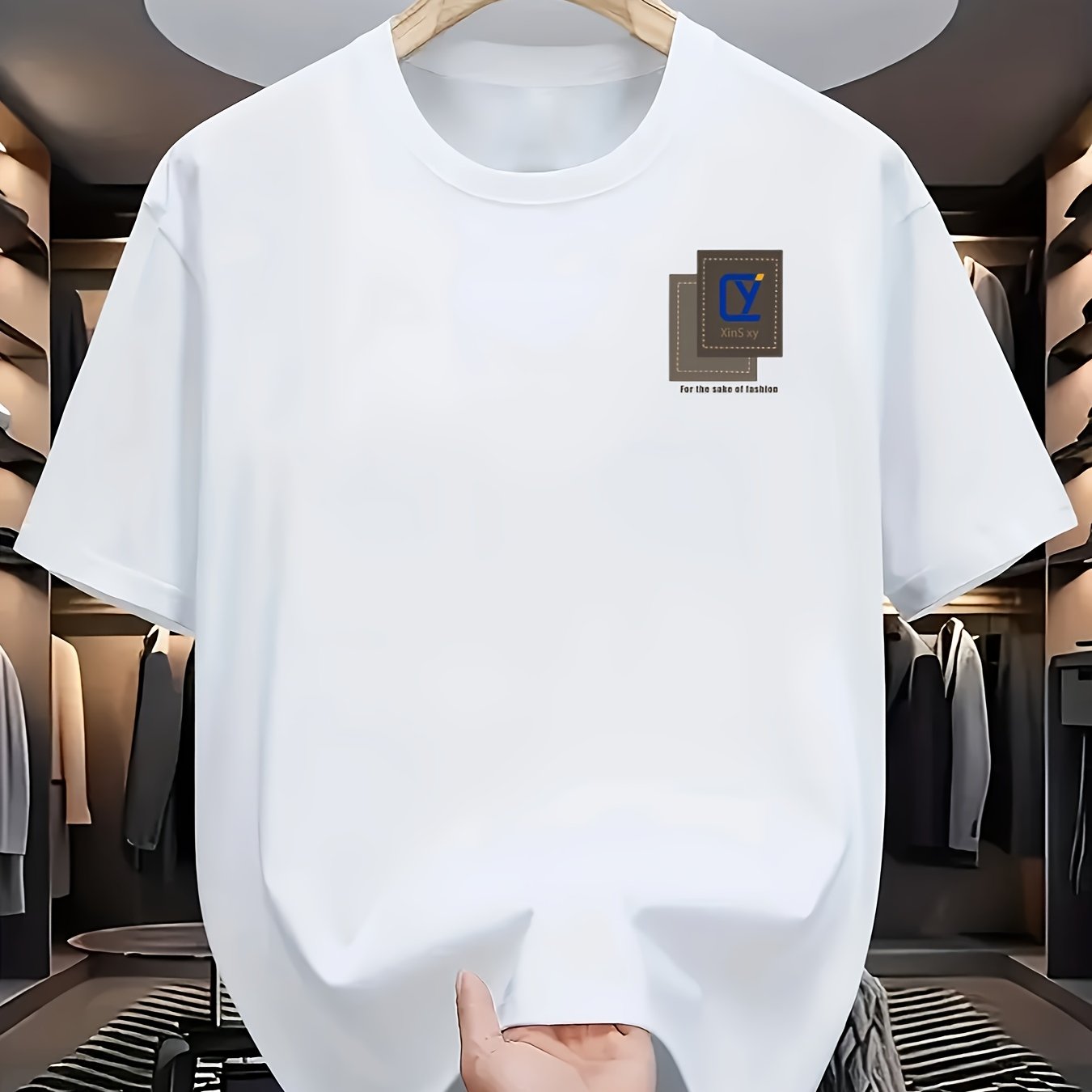 Men's Cotton Casual T-Shirt with R Print Crew Neck Short Sleeve All-Season