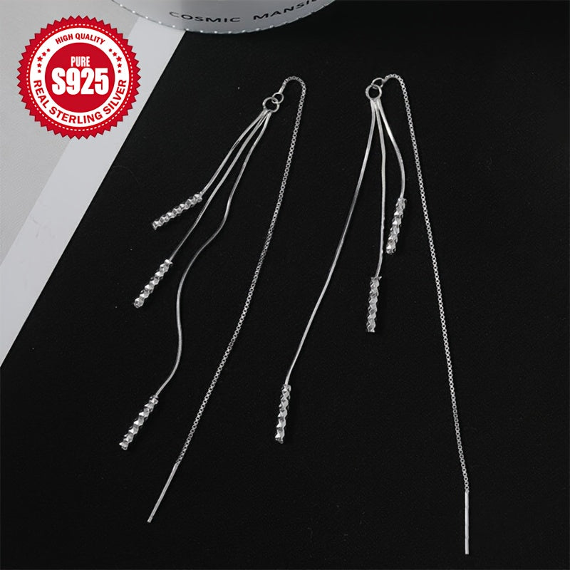 925 Silver Ear Line with Low Allergy Tassel Design and Chain Angular Texture Earrings
