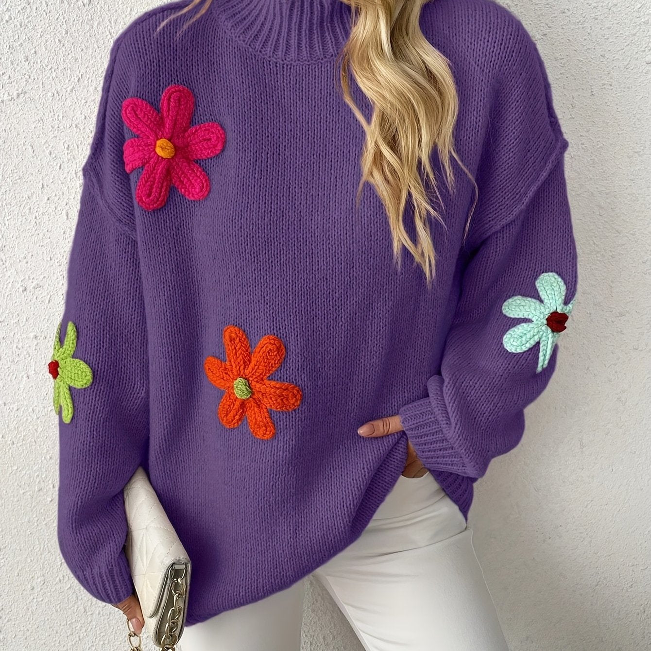 Plus Size Floral Applique Knit Sweater Casual Long Sleeve High Neck Top