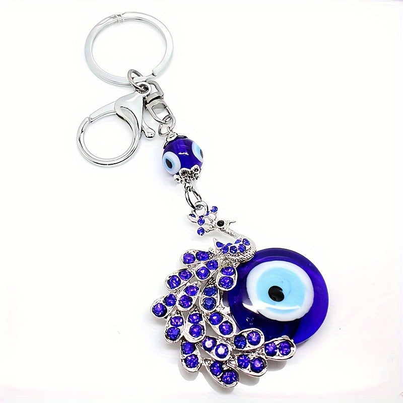 Blue Evil Eye Keychain with Rhinestone Peacock Design Alloy Bag Charm for Women