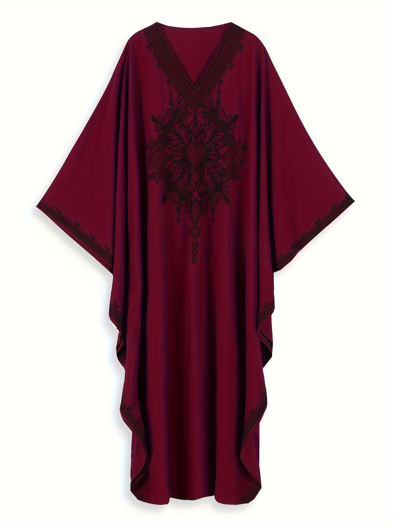 Plus Size Viscose Kaftan Dress V-Neck Embroidered Long Sleeve Beachwear