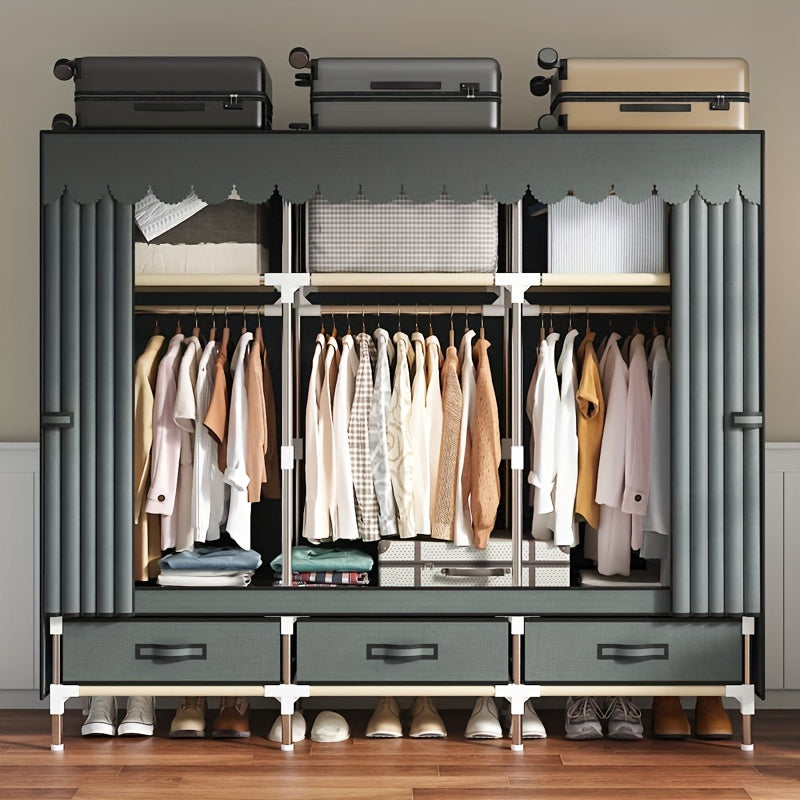 Modern Steel Wardrobe with Sliding Curtain for Bedroom or Dorm Storage