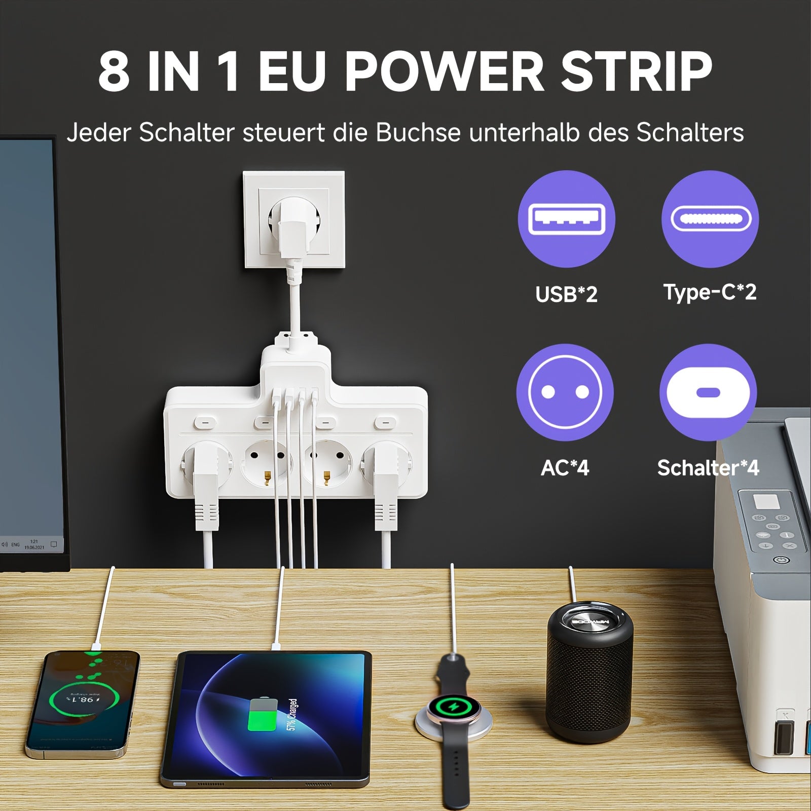 EU Power Strip with 8-in-1 USB Type-C Sockets for Home Office Travel Black and White