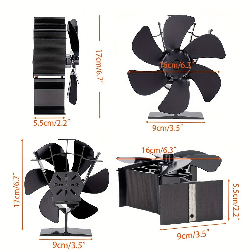 Black 6 Blade Fireplace Fan for Log Burner, Eco-Friendly, Quiet Heat Distribution
