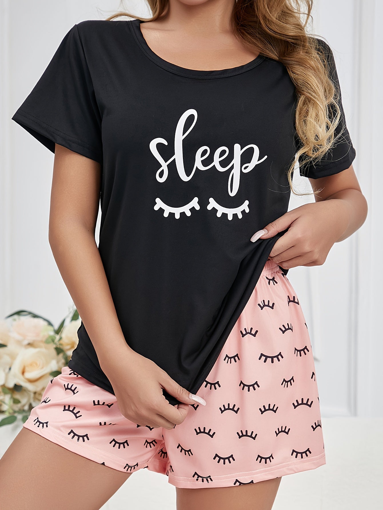 Women's Loungewear Set Short Sleeve Crew Neck Polyester Micro Elastic Print Casual