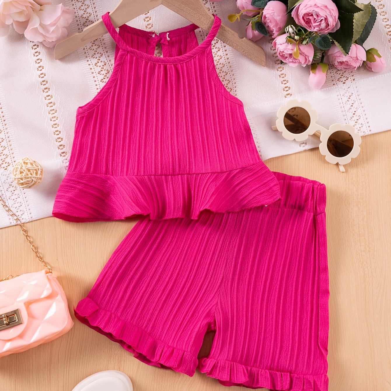 Зеленый полиэстеровый топ без рукавов и шорты для детей, летняя повседневная одежда для улицы