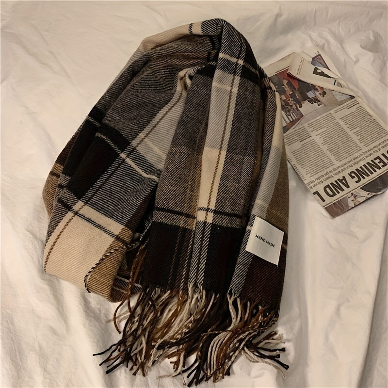Men's Warm Plaid Fringe Hem Scarf for Autumn Winter Gift