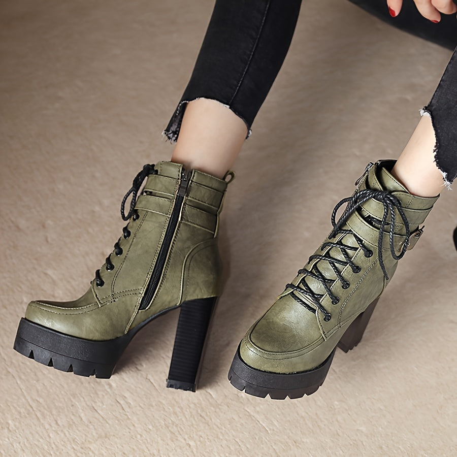 Women's Ankle Boots Thick Sole Side Zipper High Heels Anti-Slip Autumn Winter