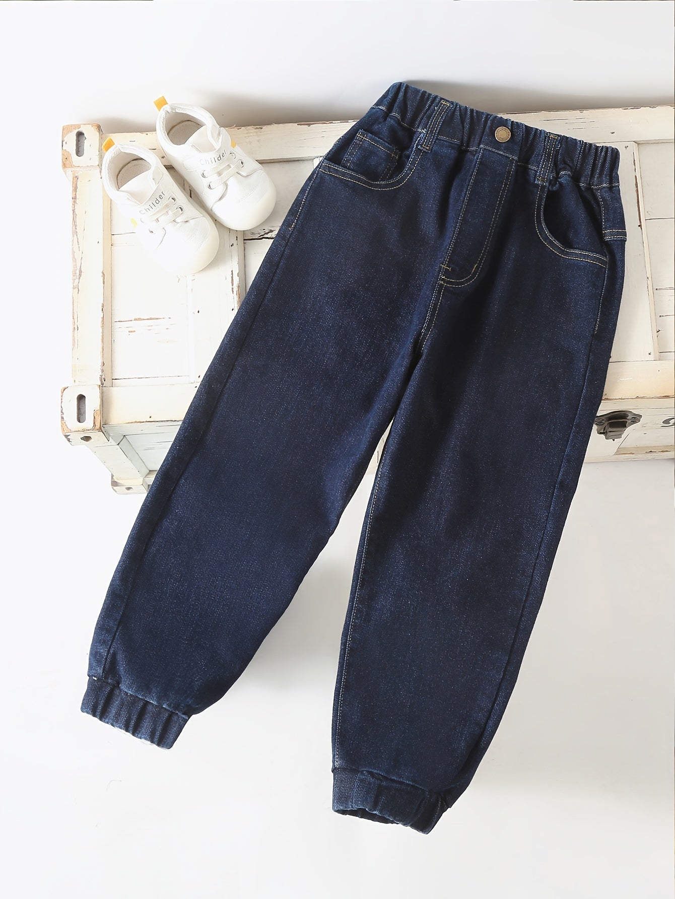 Boys High-Waisted Denim Jogger Pants with Elastic Waist and Cuffed Ankles