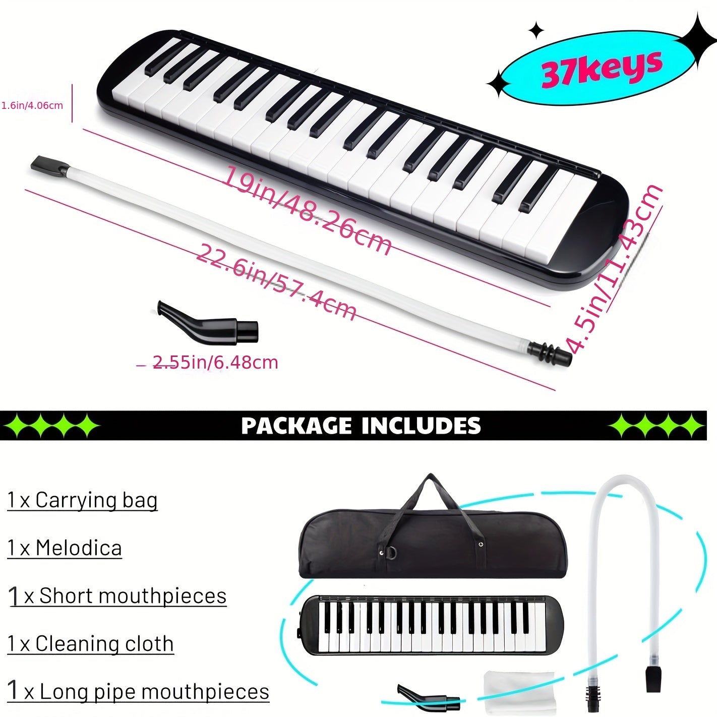 37-tala Soprano Melodica portativ havo pianino kaliti, ko‘chirish sumkasi bilan, qora, ko‘k, pushti