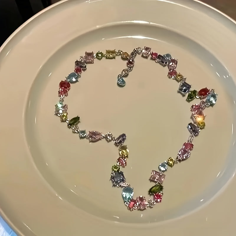 Rainbow Crystal Zirconia Necklace Alloy UV Plated Elegant Jewelry