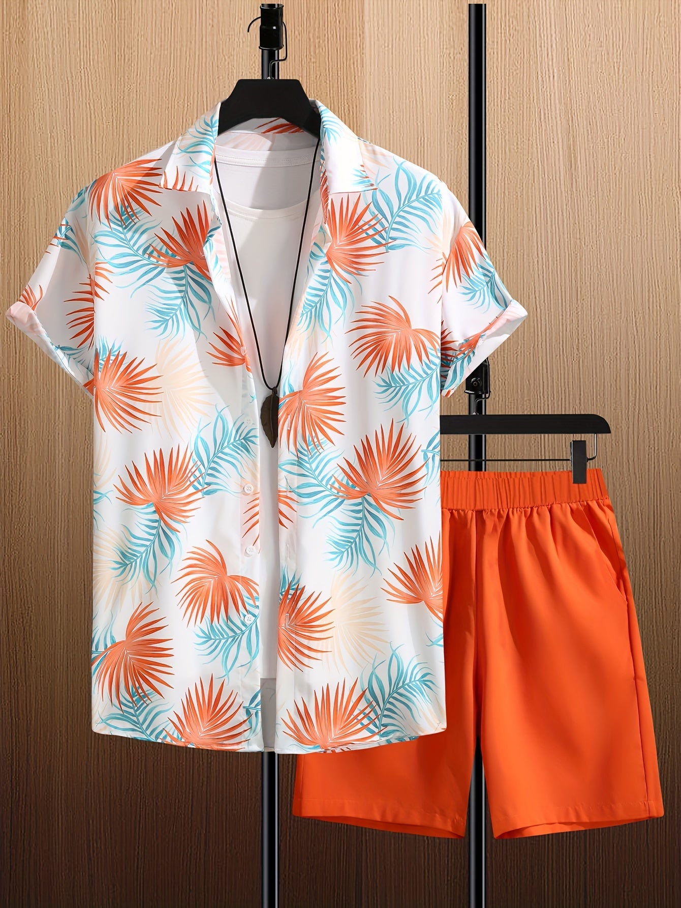 Men's Casual Suit Set Short Sleeve Printed Shirt and Shorts Summer Polyester