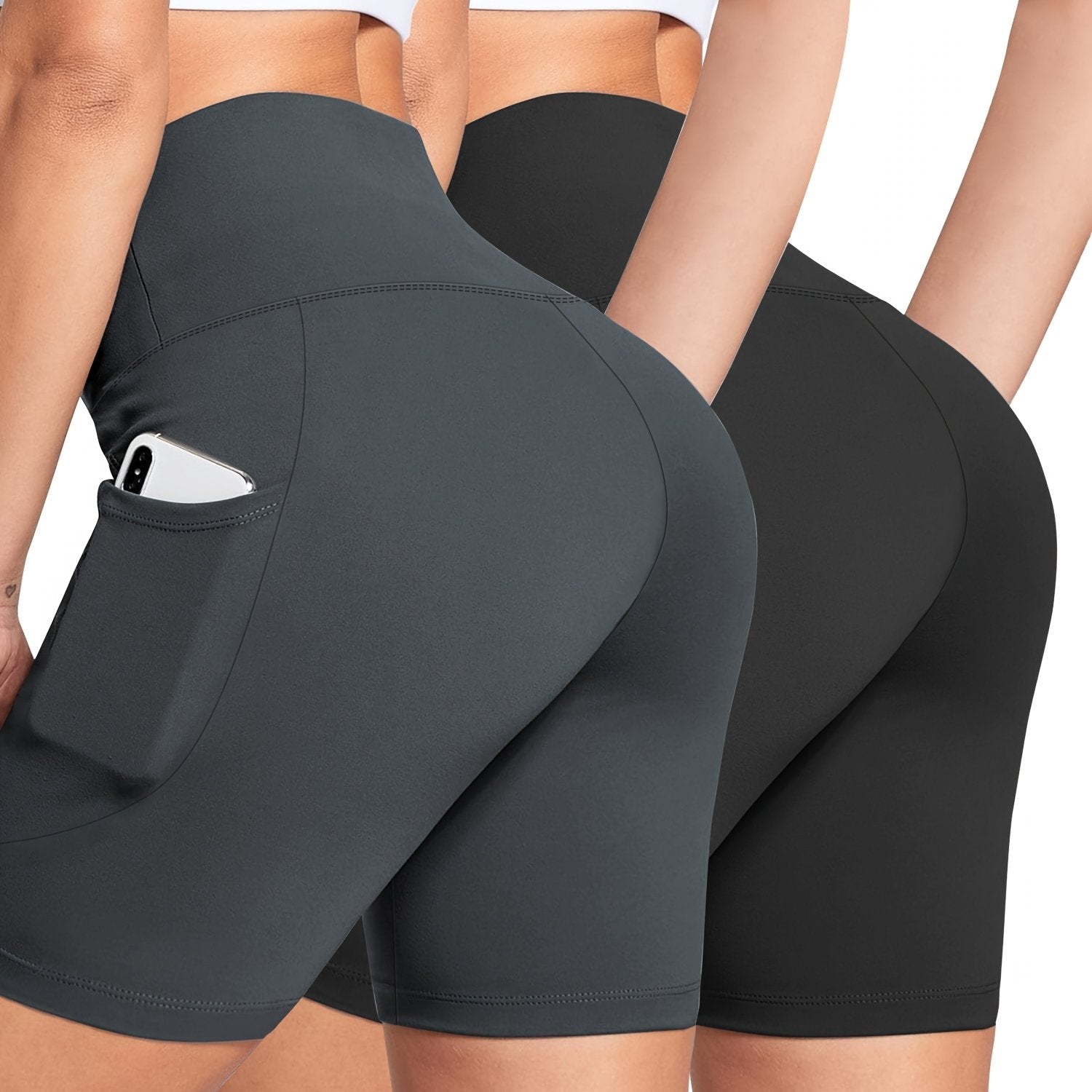 Women's High-Waisted Yoga Shorts 2-Pack Stretchy Slim Fit Black Leopard