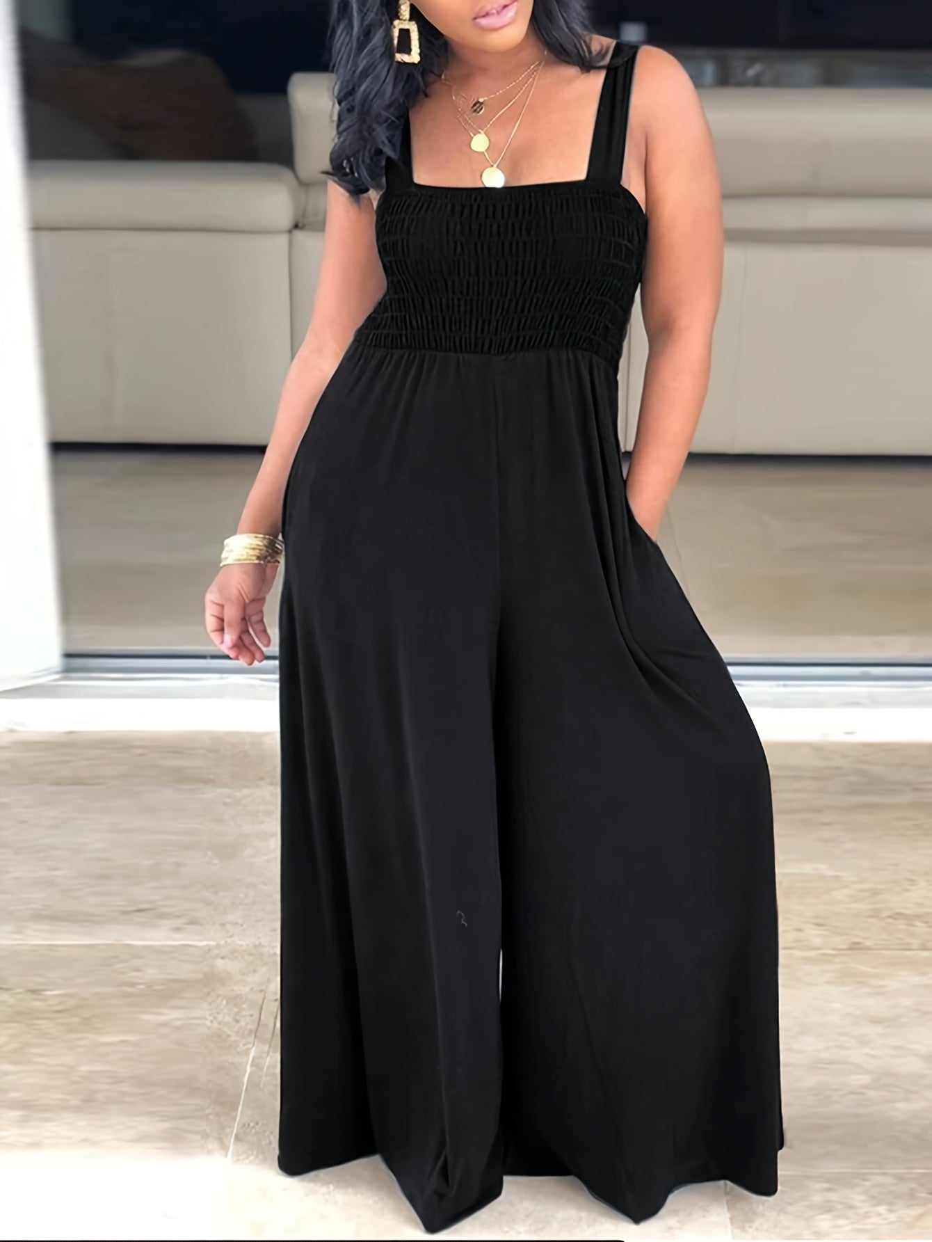 Plus Size Women's Off-Shoulder Sleeveless Jumpsuit Lightweight Stretchy H-Line with Pockets
