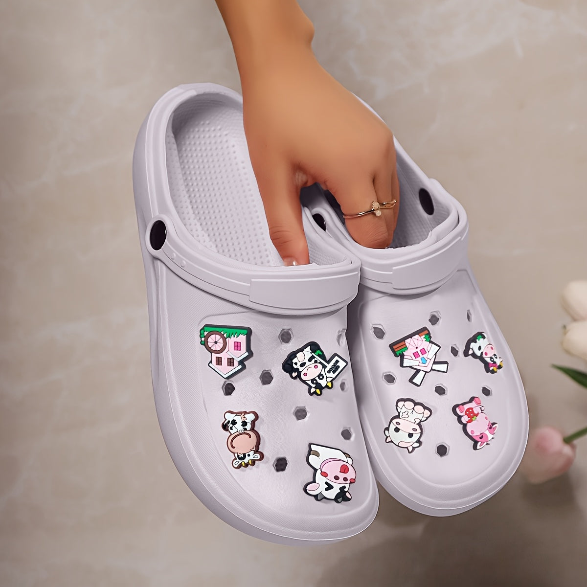 Women's Summer EVA Clogs with Cartoon Cow and Windmill Charms Sandals