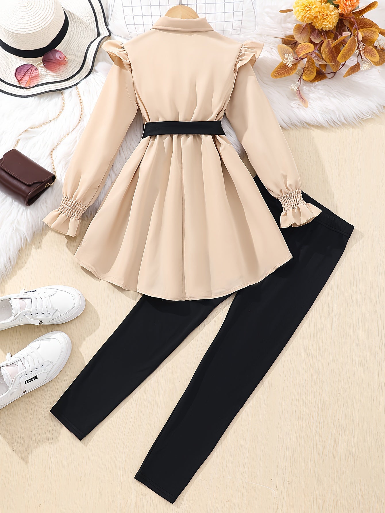 Girls Large Size Fall Winter Two-Piece Set Polyester Solid Color Outdoor Activities