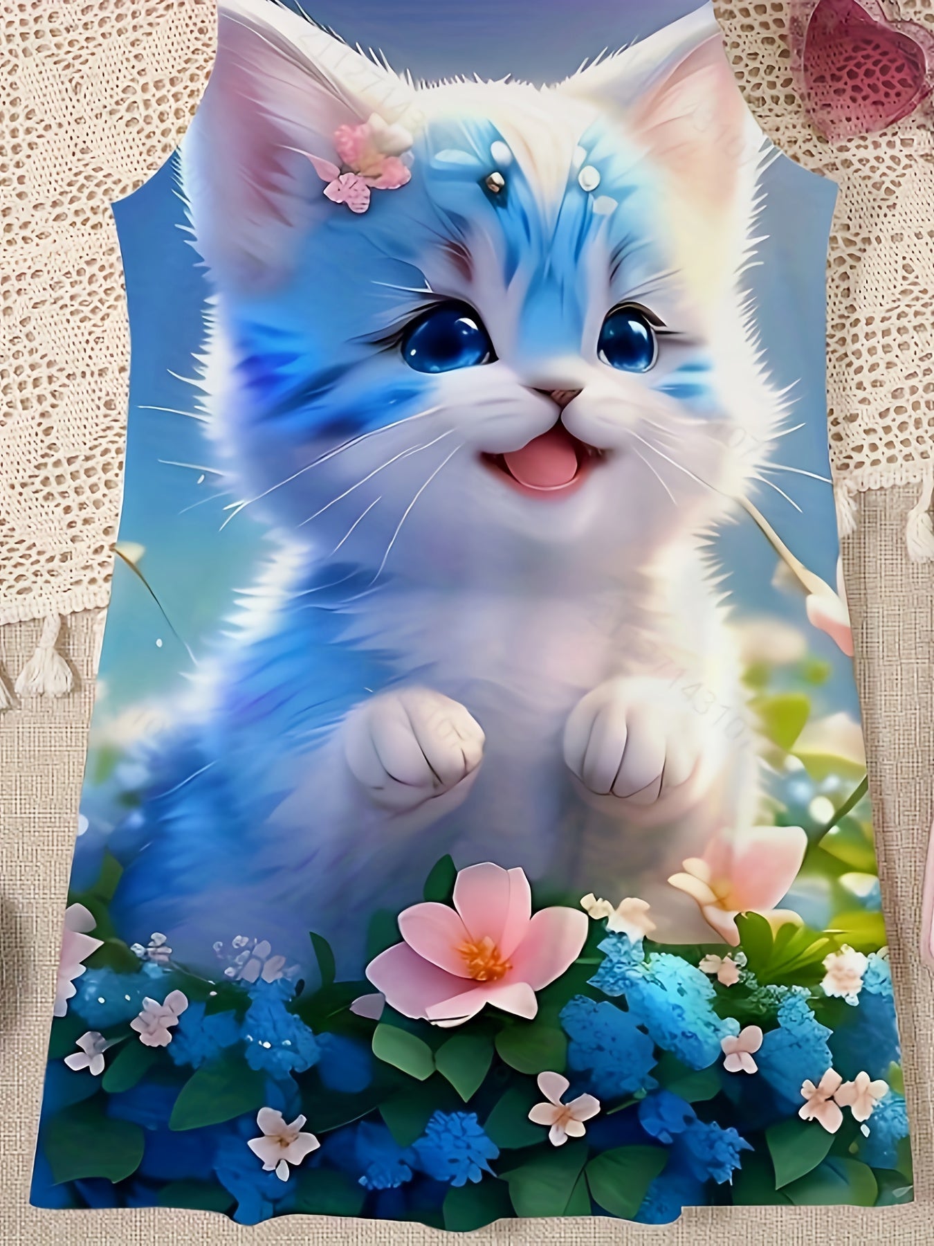 Sevimli Qizlar uchun Moviy Yengsiz Mushuk Libosi, Gullar Printi bilan, 100% Polyesterdan tayyorlangan. Yoshlar uchun tasodifiy yozgi kiyim, qulay to'qilgan.