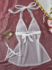 Lingerie Set Women Lace Mesh V-Neck Halter Babydoll Dress and Thong