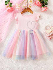 Children's Rainbow Tutu Princess Dress with Rhinestone Decor and Flying Sleeves for Summer