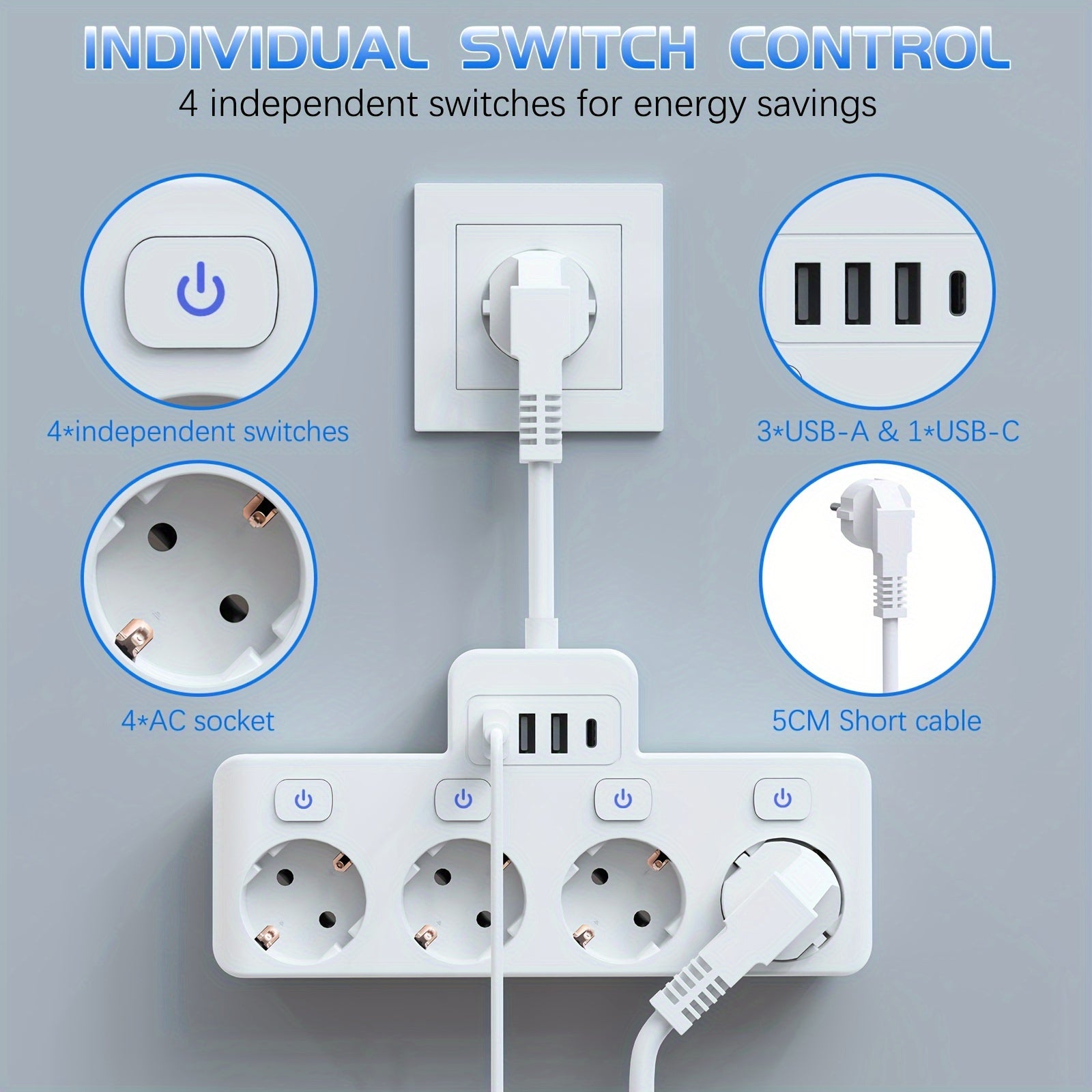 Power Strip with 4 AC Outlets and 4 USB Ports, Individual Switches, Short Cord