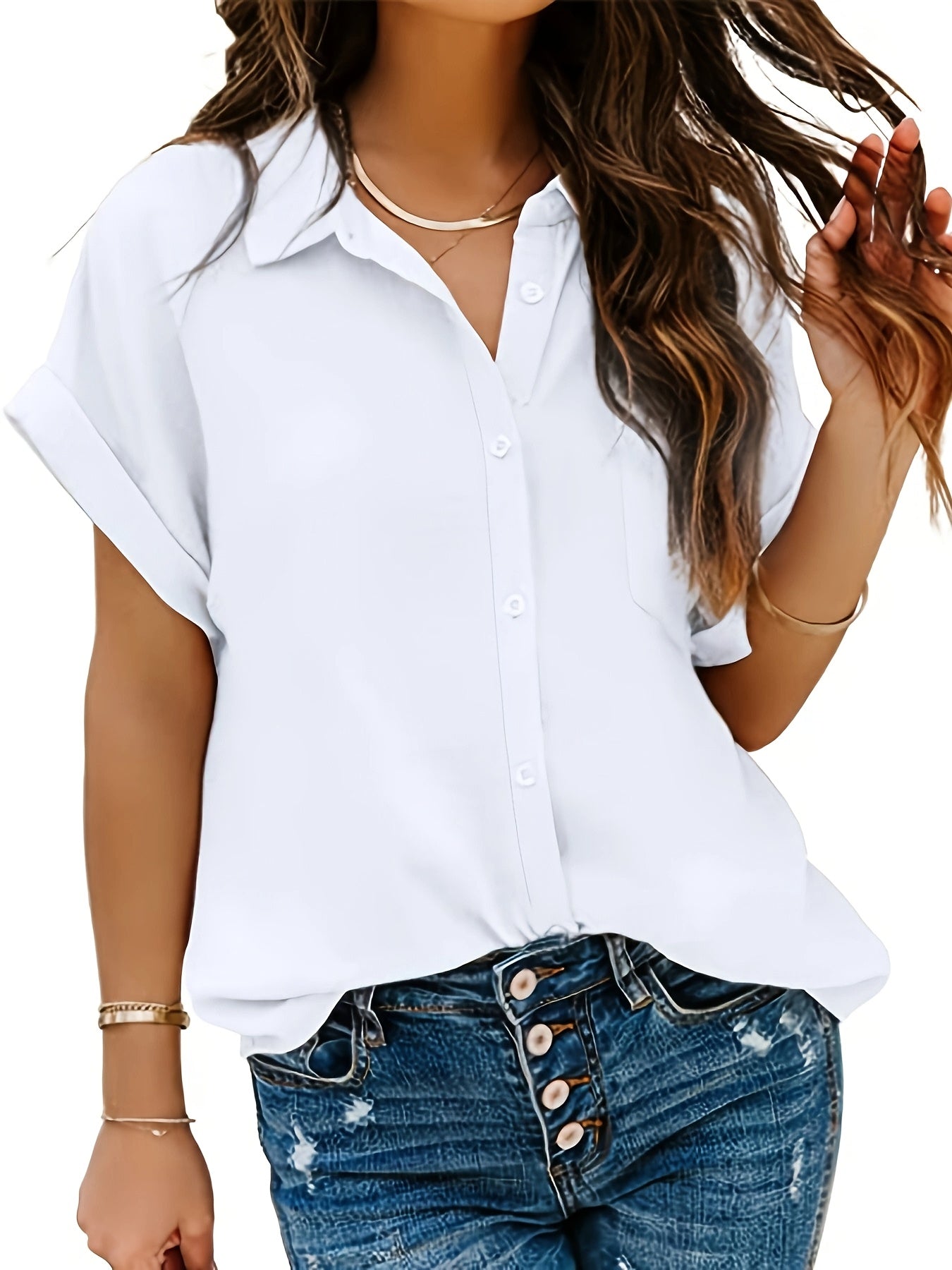 Women's Plus Size Batwing Sleeve Button-Up Shirt White Lightweight Polyester Casual Dressy