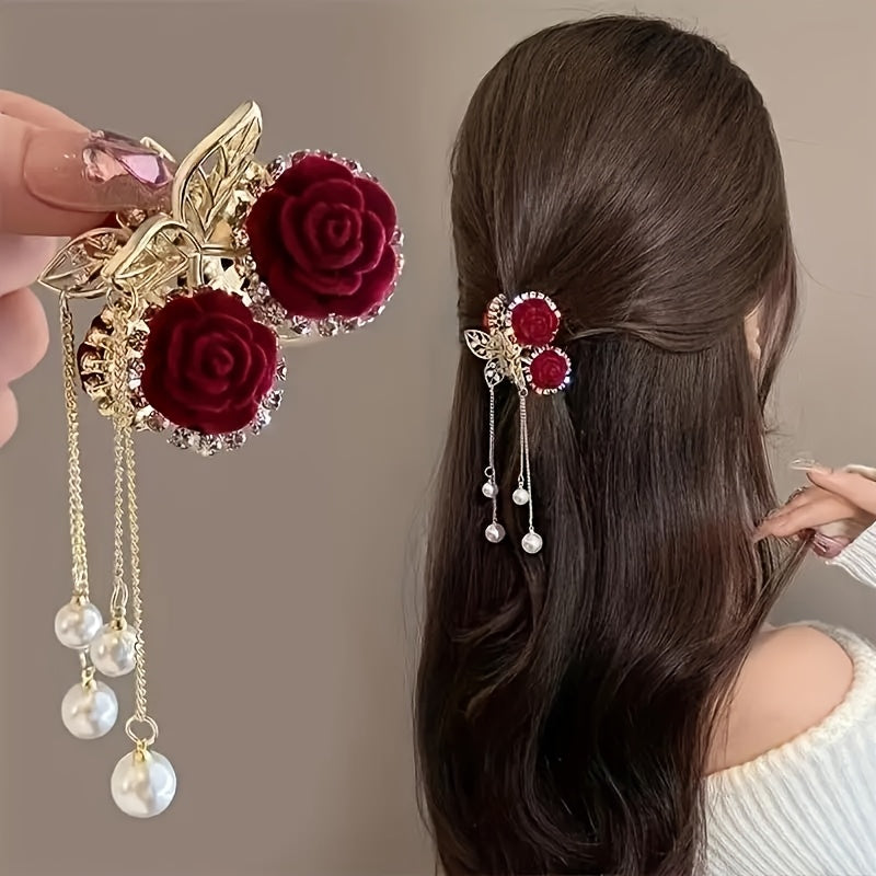 Vintage Rose Cherry Hair Claw Clips for Women Red Floral Ponytail Accessories