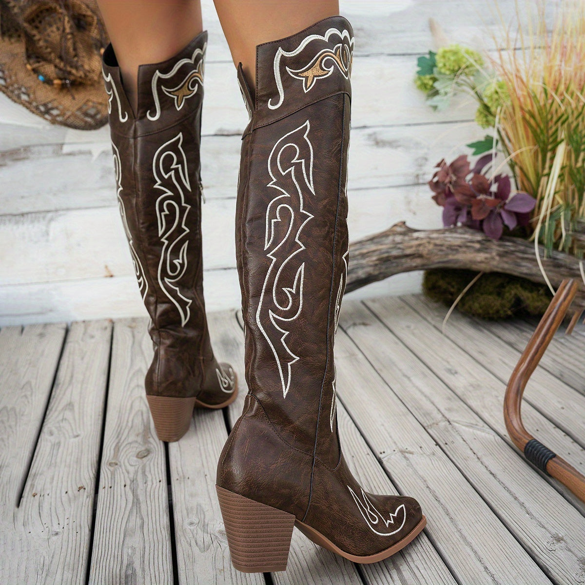 Women's Faux Leather Western Boots with Zipper, Brown White Embroidery