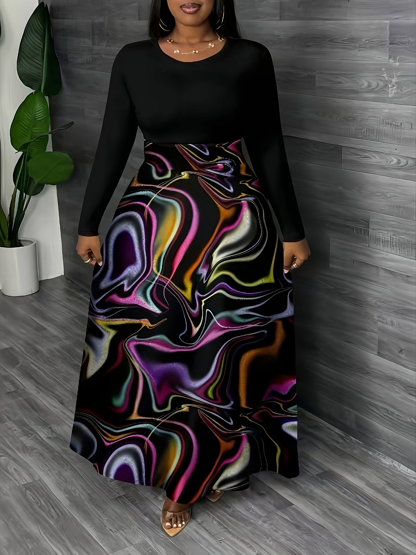 Plus Size Women's Maxi Skirt High-Waisted A-Line Abstract Pattern