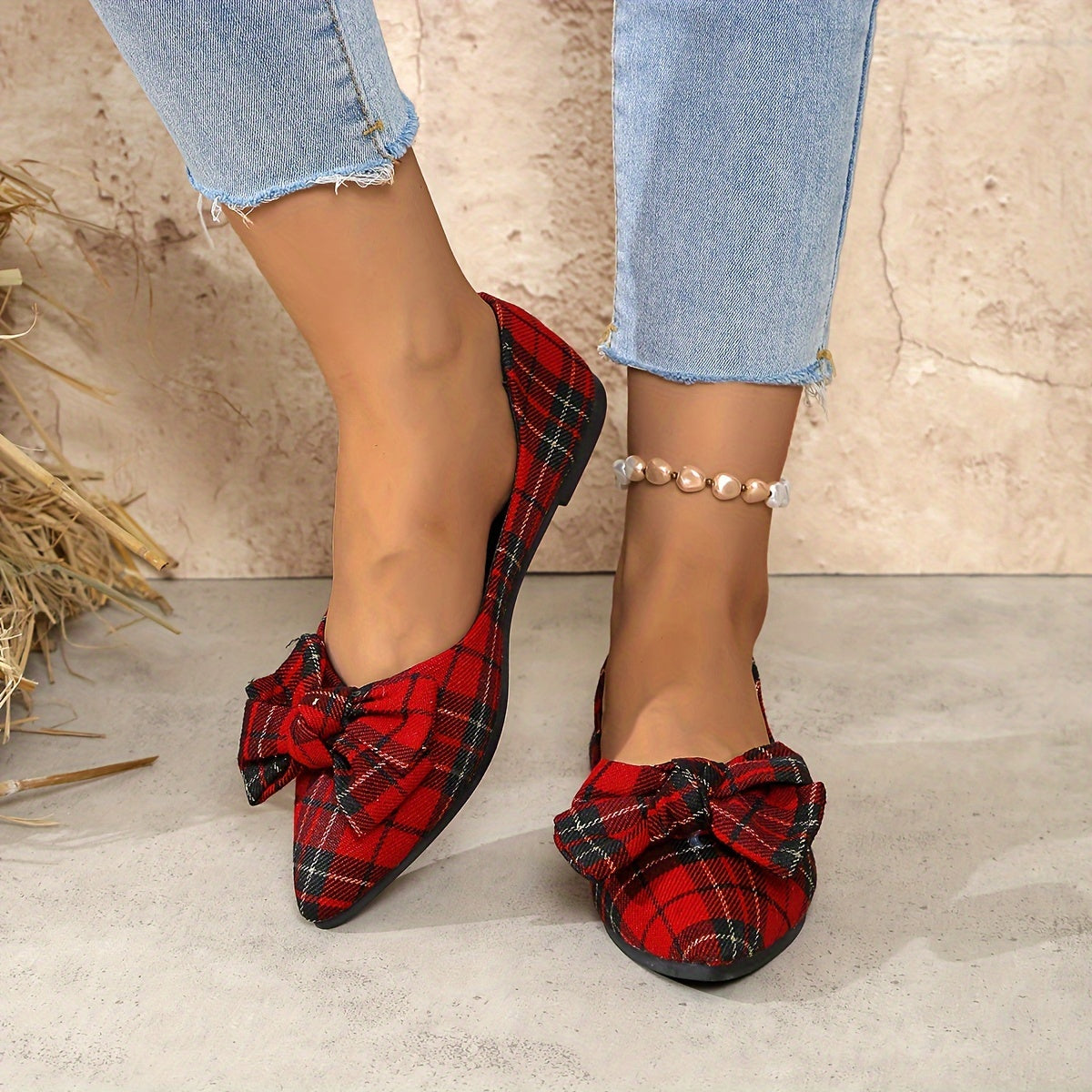 Zapatos planos de cuadros con lazo para mujer, color rojo y negro, punta afilada, slip-ons