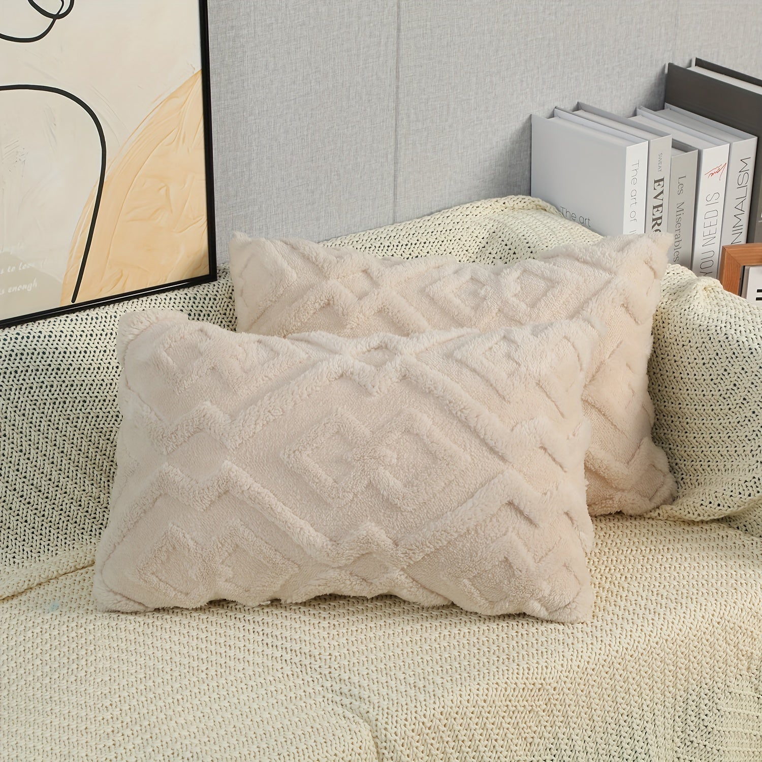Plush Faux Wool Velvet Pillow Cover Cream Beige Geometric Zippered Decor
