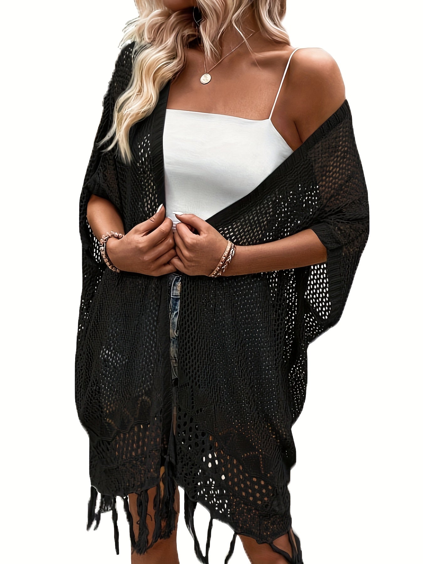 Женский кардиган с крупным гороховым кружевом и открытым передом, пляжная накидка plus size