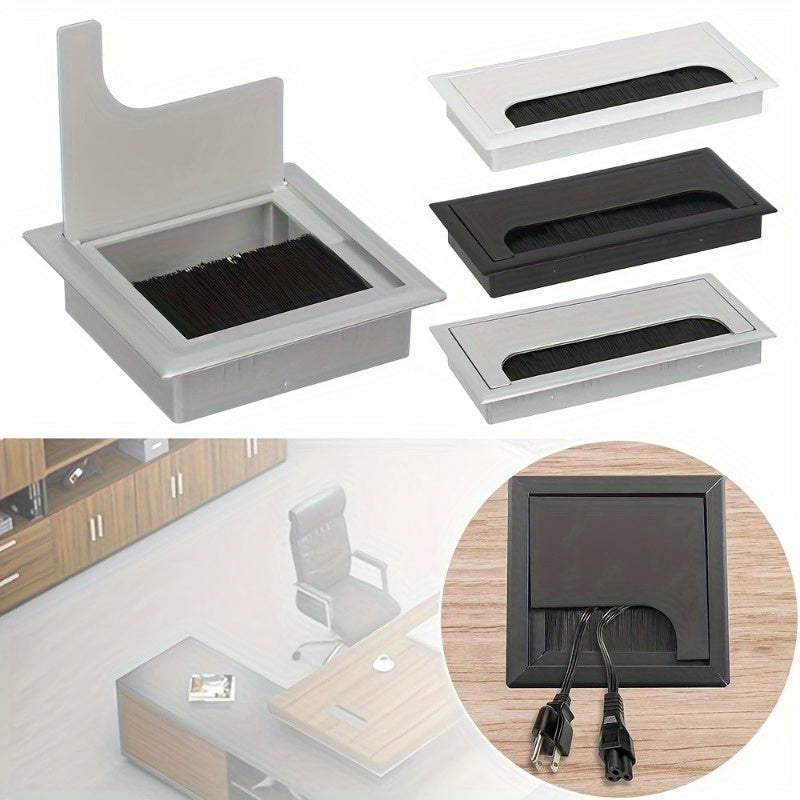 Rectangular Aluminum-Style ABS Plastic Desk Cable Management Box with Brush and Cover Plate