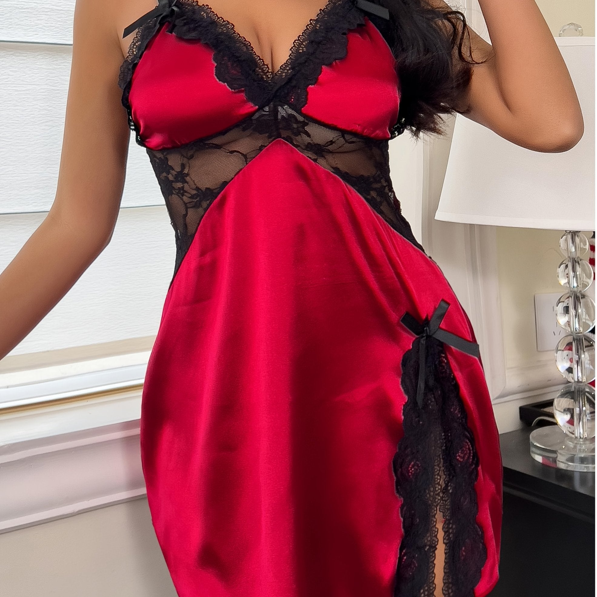 Women's Lacy Contrast Patchwork Flared Dress Deep V Bow Strap Skirt