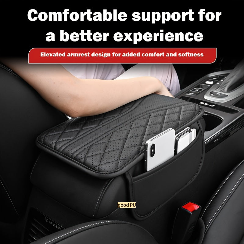 PU Leather Car Armrest Cushion with Ventilation Holes and Side Pockets