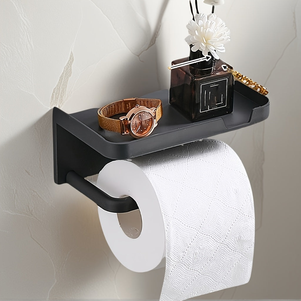 Wall-Mounted Toilet Paper Holder with Phone Shelf Polished Finish Self-Adhesive Bathroom Storage