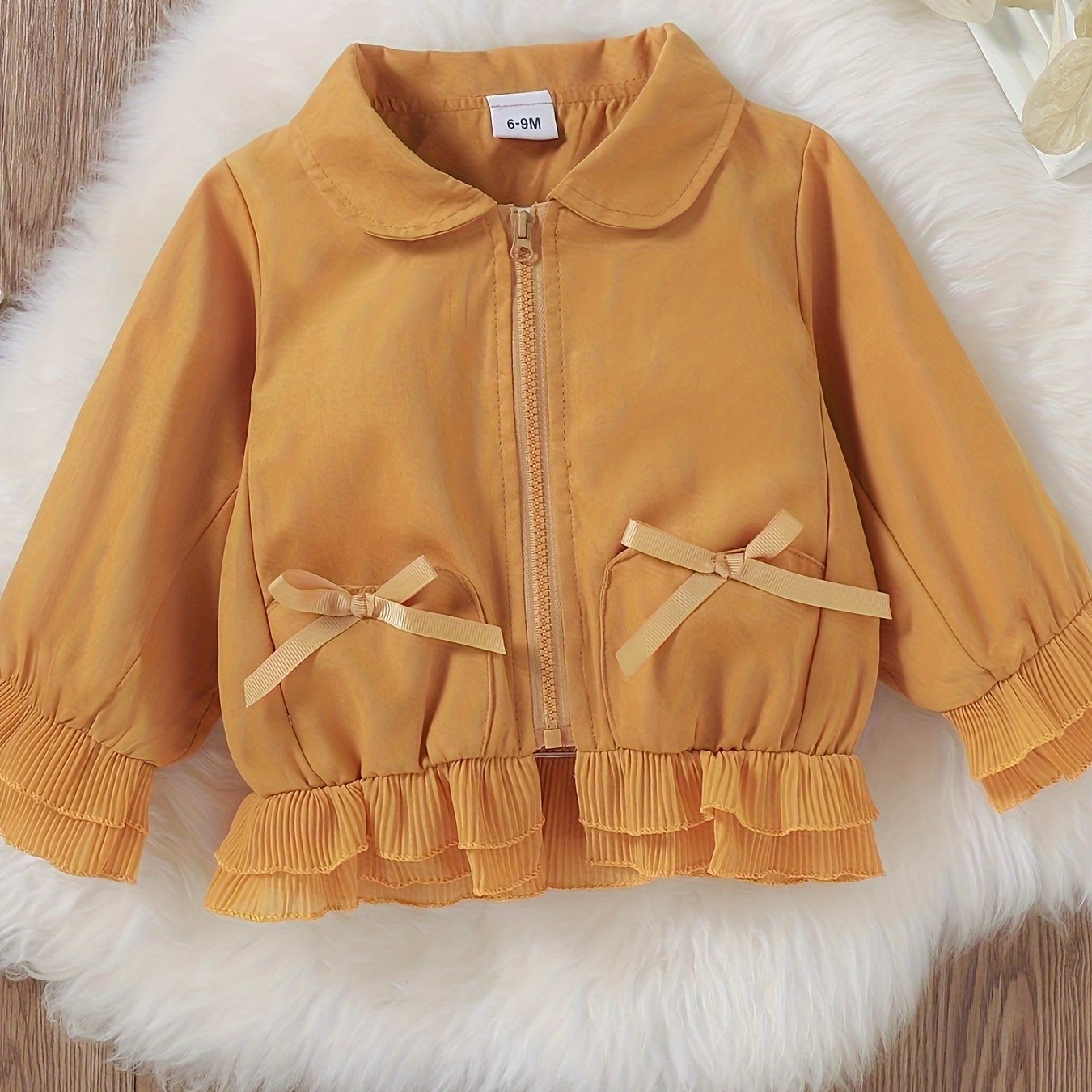 Toddler Girls Beige Zip-Up Jacket with Ruffle Detail for Spring Fall Fashion