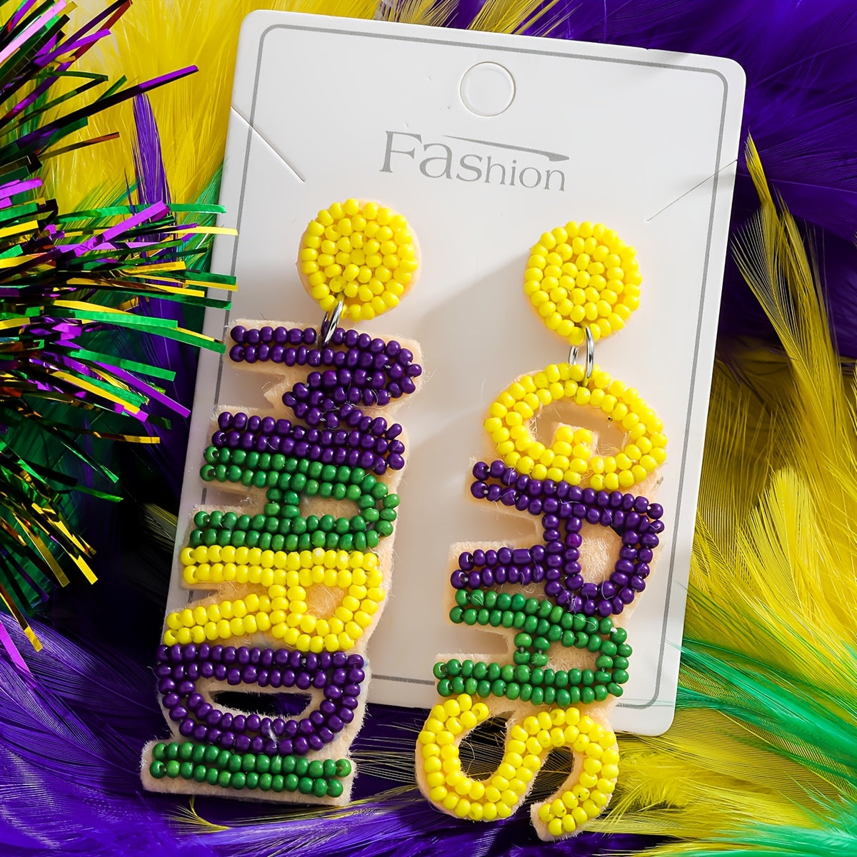 Colorful Beaded Mardi Gras Letter Earrings for Women Stainless Steel Dangle Jewelry