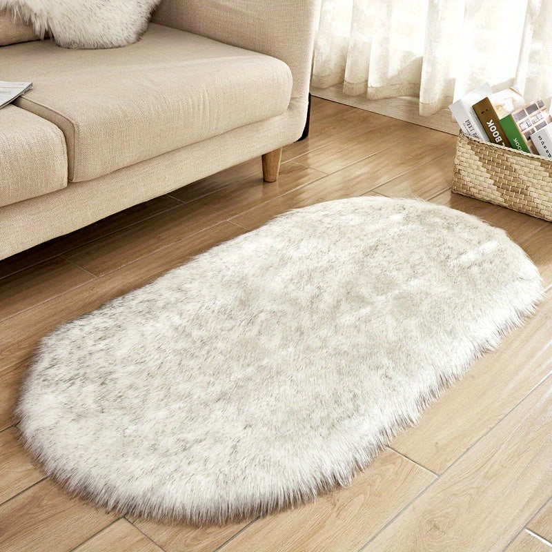 Oval Faux Sheepskin Rug Plush Shaggy Carpet Machine Washable Bedroom Living Room