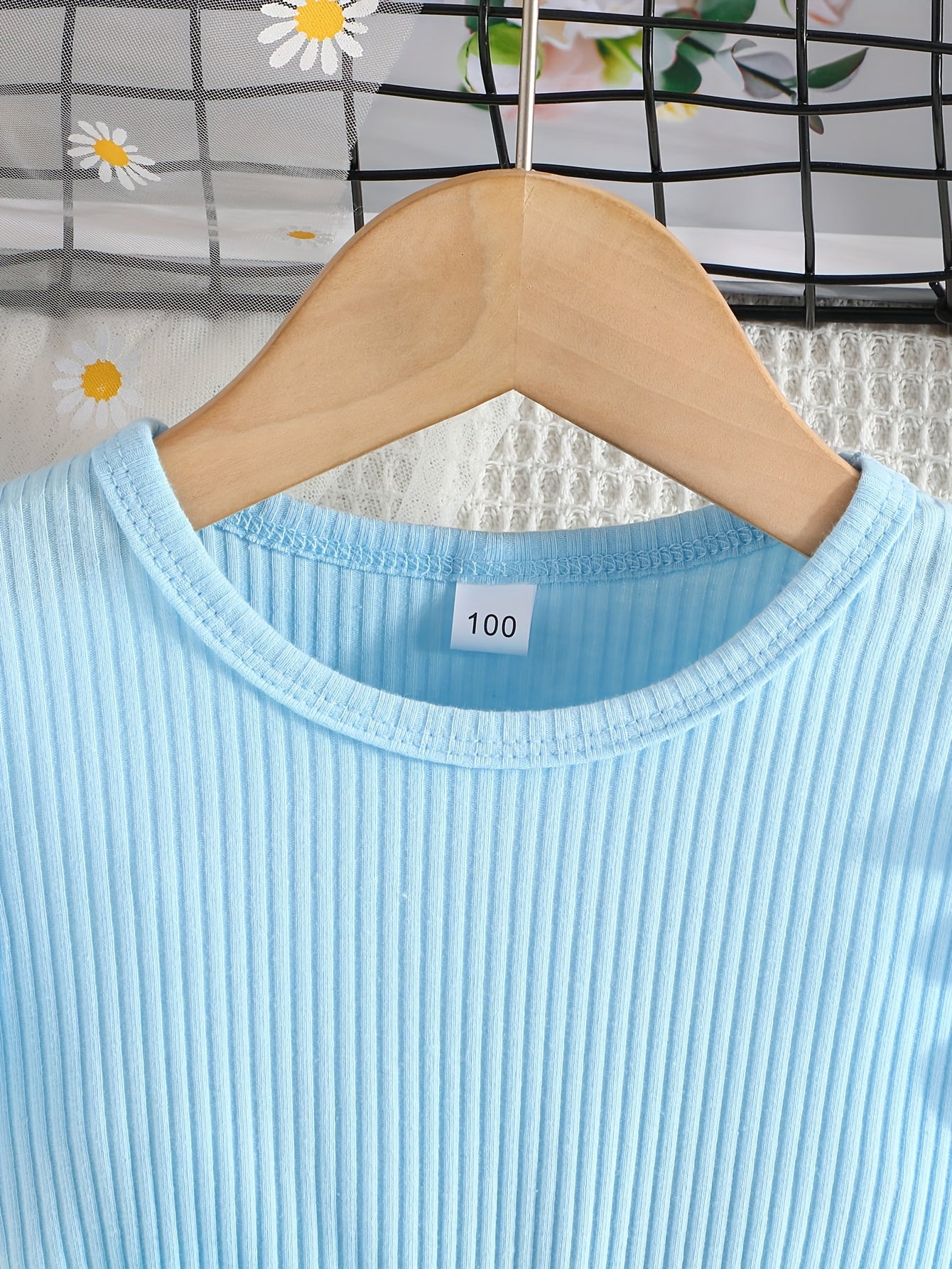 Girls Light Blue Ribbed Cotton Dress with Butterfly Floral Print Flutter Sleeves Belt Summer Casual