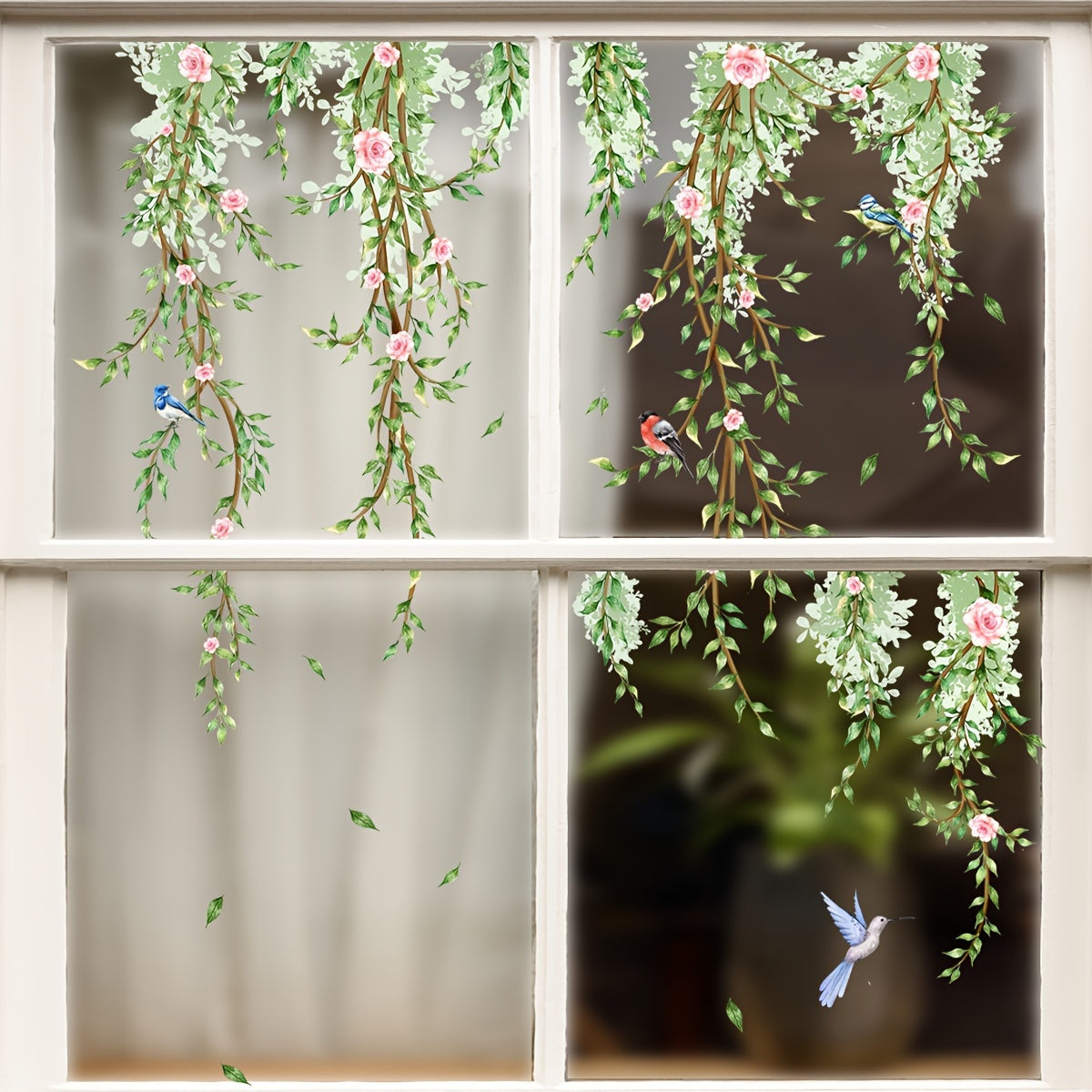 Dual-Sided Vine and Butterfly Window Decal Floral Bird Design Static Cling PVC Easy to Apply