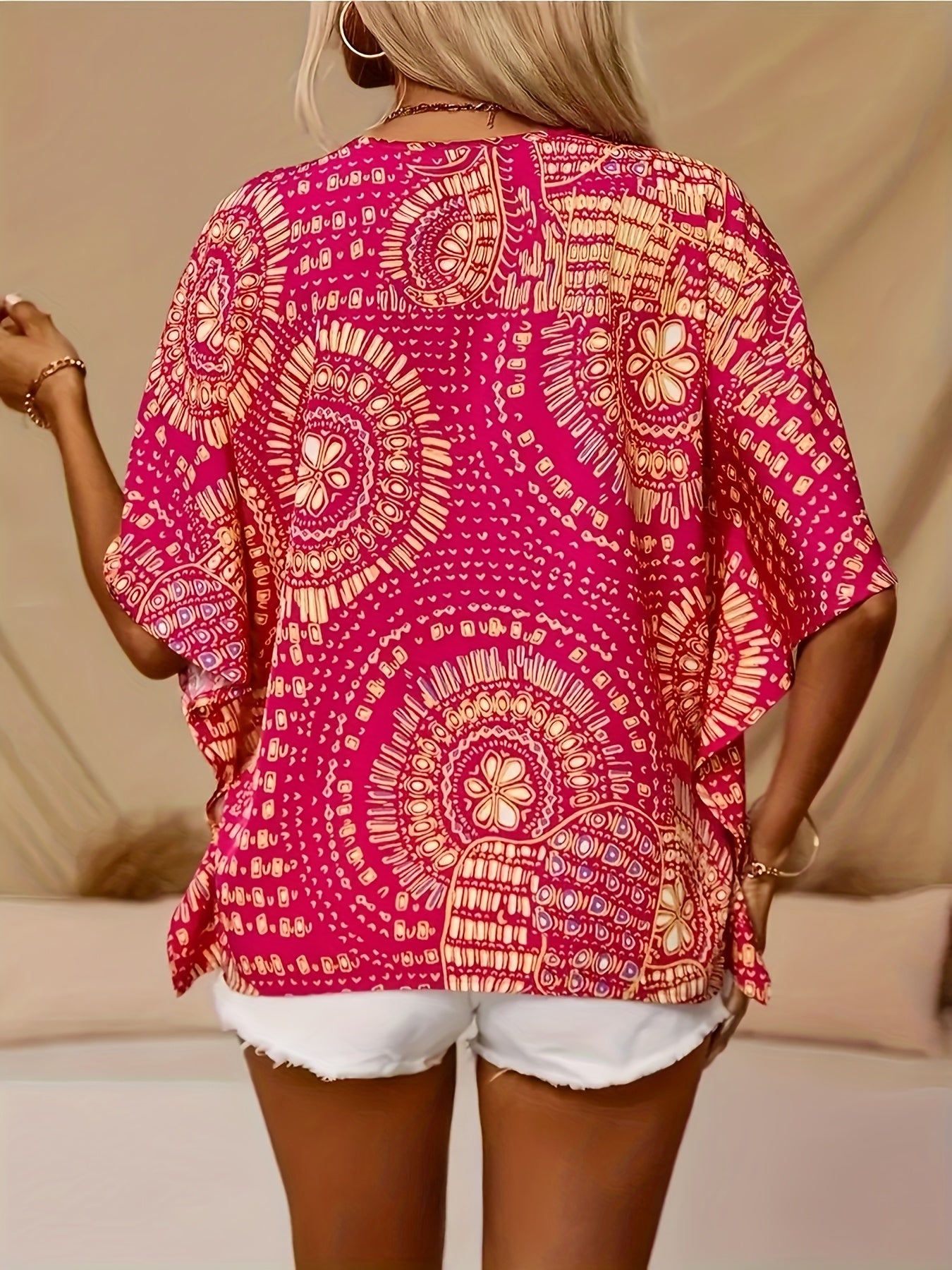 Women's Plus Size Bohemian V-Neck Batwing Top Floral Print Loose Fit Summer Blouse