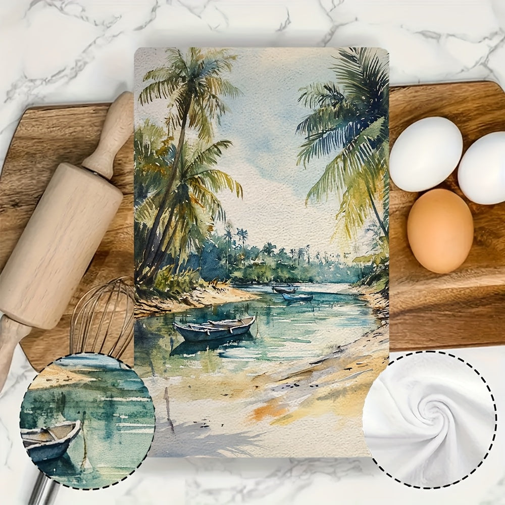 Ikkita tropik lagunali oshxona sochiqlari super singdiruvchi polyester to'qima matodan tayyorlangan. Zamonaviy qirg'oq uslubida mashinada yuvilishi mumkin. Har bir sochiqning o'lchami 40.64x60.96 sm. Mahsulot raqami: 2KYSYS1218413.