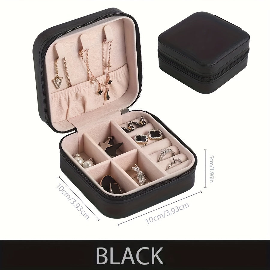 Organizador portátil de cuero para joyas con caja de almacenamiento con cremallera para anillos y collares