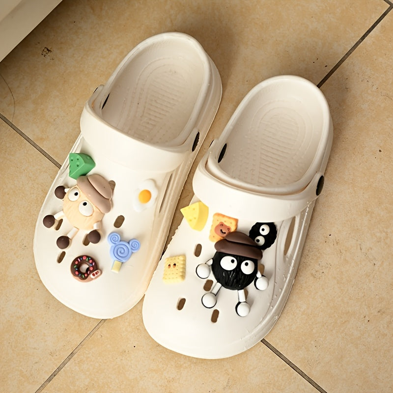 Chanclas beige de EVA con charms de comida y dibujos animados, slip-on, sandalias cómodas para todas las estaciones