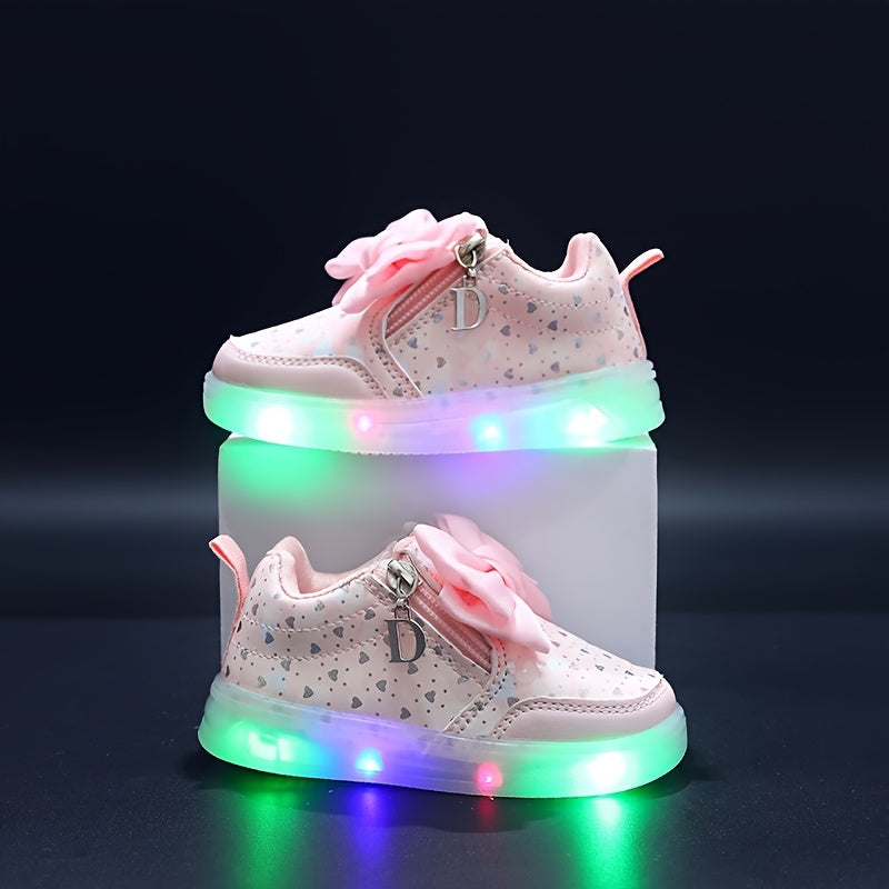 Girls' Glow-in-the-Dark Heart Pattern Sneakers with Bowknot for Ages 1-6 Pink Blue Lightweight Casual Sporty