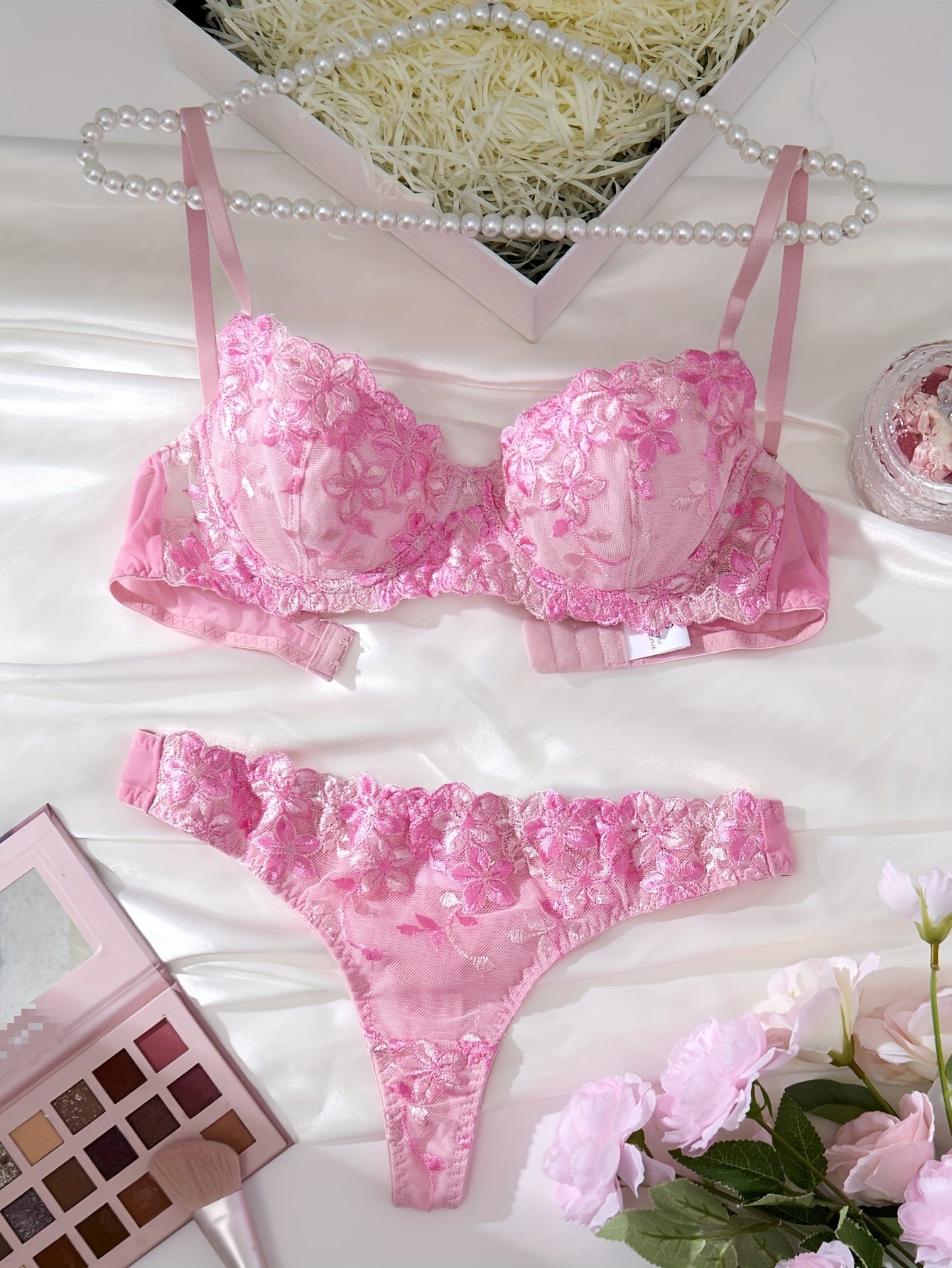 Pink Floral Embroidered Lingerie Set with Mesh Panties and Gathered Bra