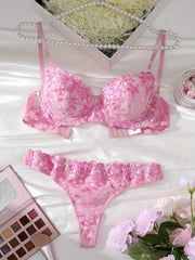 Pink Floral Embroidered Lingerie Set with Mesh Panties and Gathered Bra
